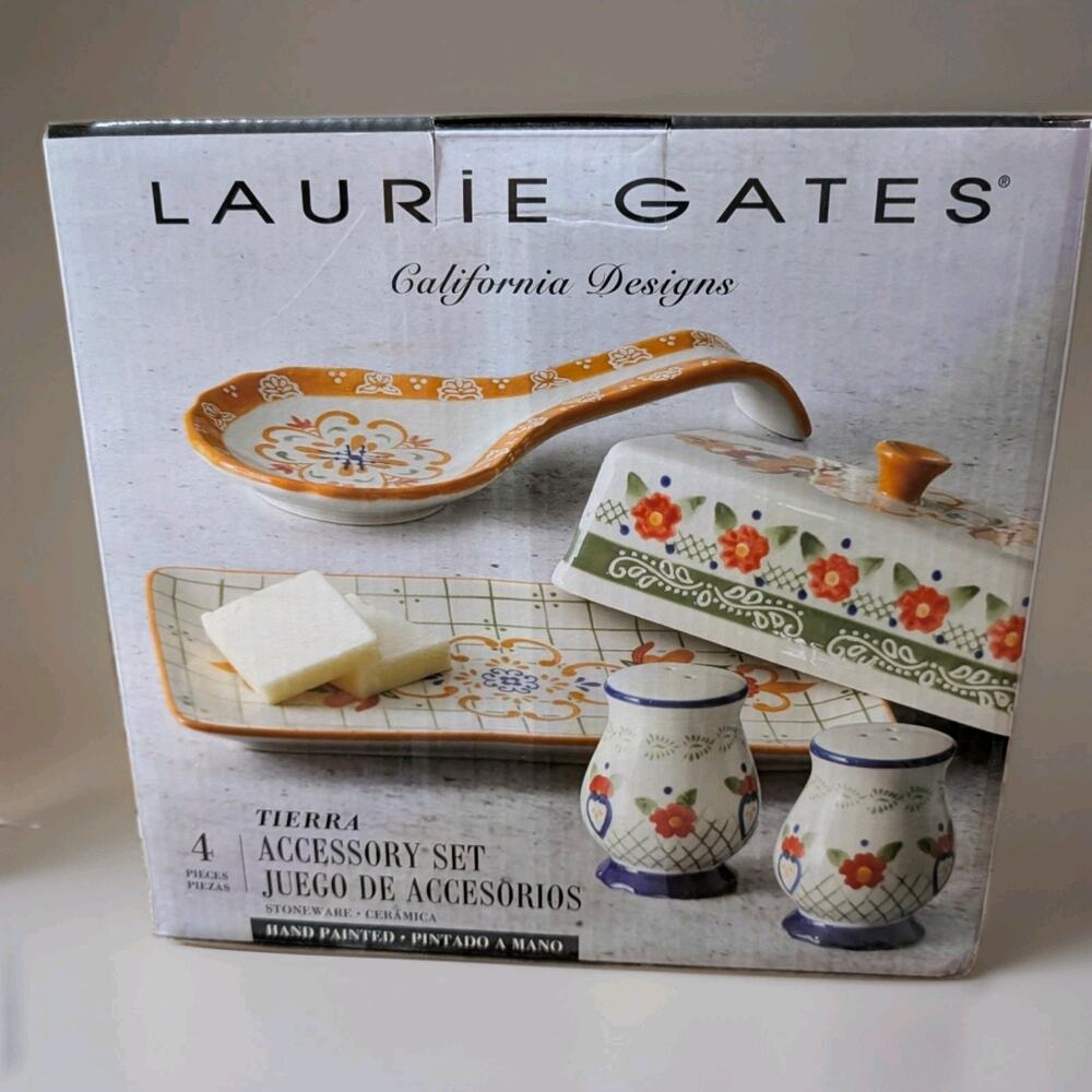 Laurie Gates Tierra 4-Piece Stoneware Kitchen Accessory Set w Butter Dish, Salt